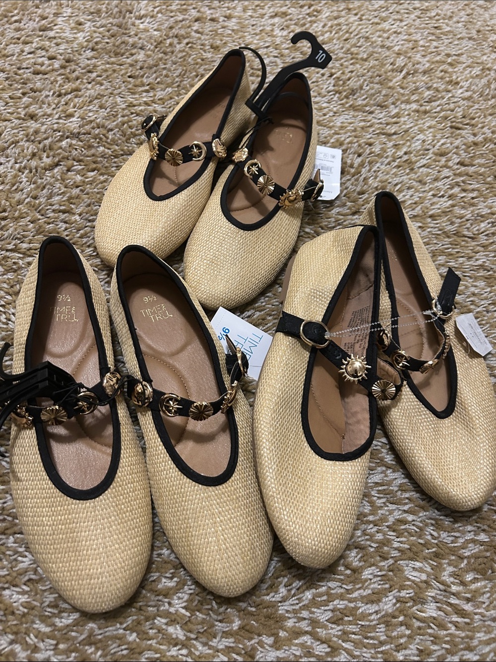 Time and Tru Beige Straw-Effect Ballet Flats with Black Trim & Gold Charms